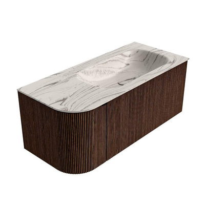 MONDIAZ KURVE-DLUX 105cm badmeubel ronding Links kleur Walnut met 1 lade en 1 deur. Wastafel BIG SMALL Rechts zonder kraangat Nata.