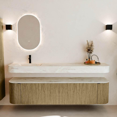 MONDIAZ THOR-DLUX Meuble de salle de bains 190cm arrondi gauche + droite couleur Dusk avec 2 tiroirs et 2 portes. Vasque suspendue CLOUD Gauche 1 trou de robinet couleur Ostra.