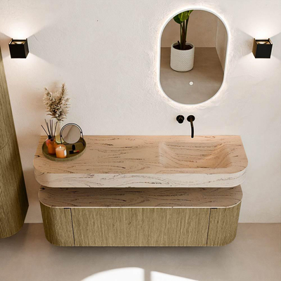 MONDIAZ THOR-DLUX 150cm meuble de salle de bains arrondi gauche + droite couleur Dusk avec 1 tiroir et 2 portes. Vasque suspendue CLOUD droite sans trou de robinet couleur Arena.