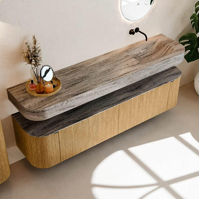 MONDIAZ THOR-DLUX 190cm badmeubel ronding links + rechts kleur Oak met 2 lades en 2 deuren. Vrijhangende wastafel CLOUD Rechts zonder kraangat kleur Oza.