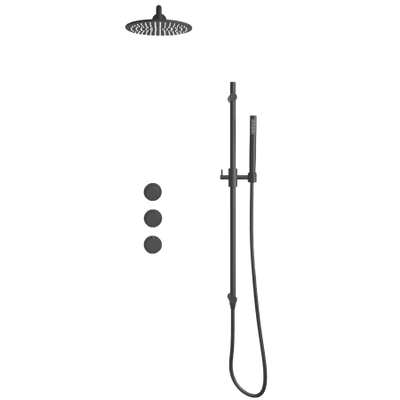 Fortifura Nebbio Ensemble de douche pluie - mitigeur encastré - élément encastré - barre coulissante - flexible de douche métal - douchette à main barre - bras mural 35cm - pomme de tête ronde - gunmetal brossé PVD