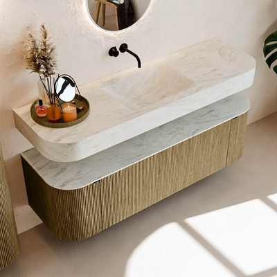 MONDIAZ THOR-DLUX 150cm meuble de salle de bains arrondi gauche + droite couleur Dusk avec 1 tiroir et 2 portes. Vasque suspendue CLOUD Milieu sans trou de robinet couleur Opalo.