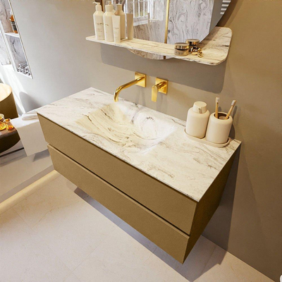 Mondiaz VICA-DLUX Ensemble de meuble de salle de bain - 110cm - meuble sous-vasque oro - 2 tiroirs - lavabo encastrée cloud milieu - sans trous de robinet - version haute de 60cm - glace