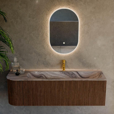 MONDIAZ KURVE-DLUX 145cm badmeubel ronding Links kleur Walnut met 1 lade en 1 deur. Wastafel BIG LARGE Rechts 1 kraangat Sombra.