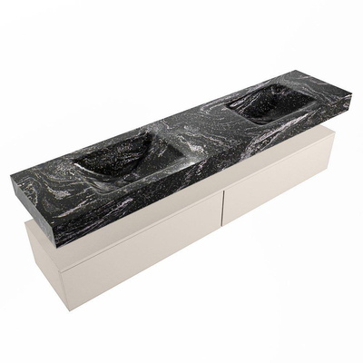 Mondiaz ALAN-DLUX Ensemble de meuble - 200cm - meuble Linen mat - 2 tiroirs - Lavabo Cloud Lava suspendu - vasque Gauche et droite - 2 trous de robinet