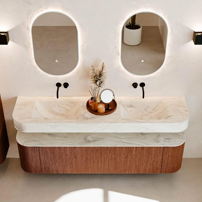 MONDIAZ THOR-DLUX 180cm badmeubel ronding links + rechts kleur Ruby met 2 lades en 2 deuren. Vrijhangende wastafel CLOUD Dubbel zonder kraangat kleur Ostra.