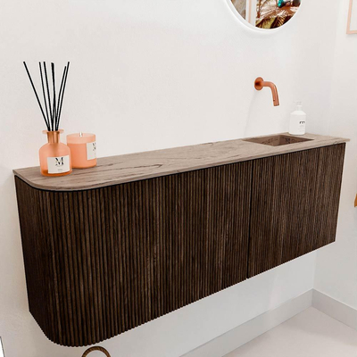 Mondiaz JOYA-DLUX 111.6cm toiletmeubel - ronding links kleur Walnut - Wastafel FAYE positie Rechts Zonder kraangat kleur Arena.
