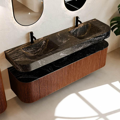 MONDIAZ THOR-DLUX 170cm meuble de salle de bains arrondi gauche + droite couleur Ruby avec 1 tiroir et 2 portes. Vasque suspendue CLOUD Double 2 trous de robinet couleur Lava.