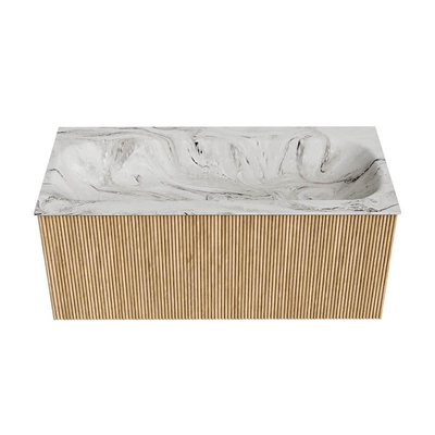 MONDIAZ KURVE-DLUX Meuble de salle de bains 100cm couleur Oak avec 1 tiroir. Lavabo BIG MEDIUM central sans trou de robinet couleur Glace.