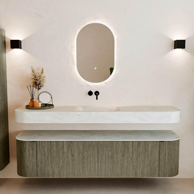 MONDIAZ THOR-DLUX 180cm meuble de salle de bains arrondi gauche + droite couleur Shadow avec 2 tiroirs et 2 portes. Vasque suspendue CLOUD Milieu sans trou de robinet couleur Opalo.