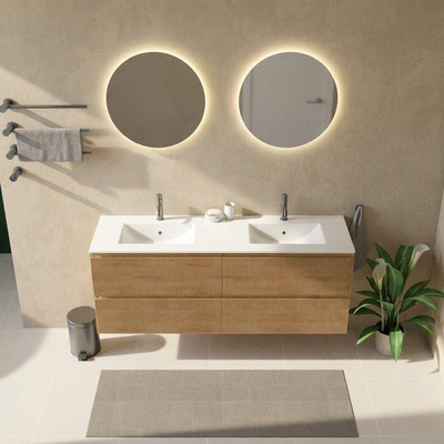 Saniclass Holz Atelier Ensemble de meubles de salle de bains - 160x45x62cm - Vasque Vygo en céramique blanche - 2 vasques - 2 trous de robinetterie - 4 tiroirs - chêne natural mat (bois)