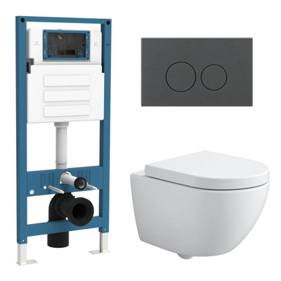 QeramiQ Dely Swirl Compact Ensemble WC - réservoir encastré QeramiQ flush - abattant 25mm - plaque de commande en plastique anthracite mat - boutons ronds - blanc mat