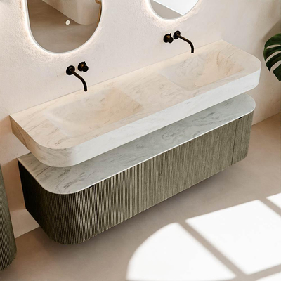 MONDIAZ THOR-DLUX Meuble de salle de bains 160cm arrondi gauche + droite couleur Shadow avec 1 tiroir et 2 portes. Vasque suspendue CLOUD Double sans trou de robinet couleur Opalo.