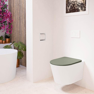 Mondiaz LAVIE hangtoilet – spoelrandloos – 36 x 53 cm – met softclose zitting – Talc (wit), zitting Army (groen)