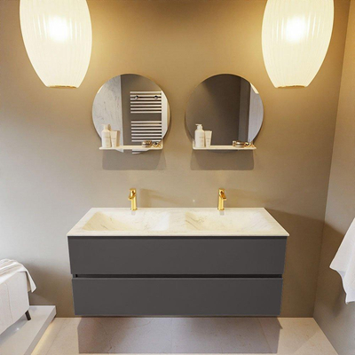 Mondiaz VICA-DLUX ensemble de meuble de salle de bain - 120cm - meuble sous-vasque gris foncé - 2 tiroirs - lavabo encastré cloud double - 2 trous de robinet - version haute de 60cm - opalo