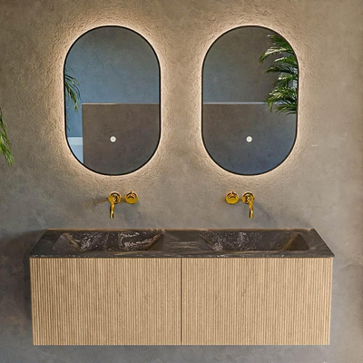 MONDIAZ KURVE-DLUX 130cm badmeubel kleur Oak met 2 lades. Wastafel LEAF dubbel zonder kraangat kleur Lava.