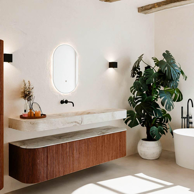 MONDIAZ THOR-DLUX 180cm meuble de salle de bains arrondi gauche + droite couleur Ruby avec 2 tiroirs et 2 portes. Vasque suspendue CLOUD Centre sans trou de robinet couleur Frappe.