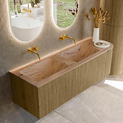 MONDIAZ KURVE-DLUX meuble de salle de bains 145cm arrondi à droite couleur Dusk avec 1 tiroir et 1 porte. Lavabo LEAF double / à gauche sans trou de robinet Arena.