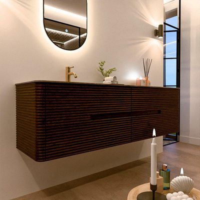 Mondiaz CIRO-DLUX Meuble de salle de bains - 170x45x50cm - Plan vasque solid surface Sombra - 1 lavabo à gauche - 1 trou de robinetterie - 4 tiroirs - Noyer