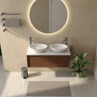 Saniclass Holz Frame Ensemble meuble de salle de bains - 120x45x43cm - Plan vasque en marbre Dia poli (blanc) - 2 trous de robinet - 1 tiroir - mat walnut pure (bois)