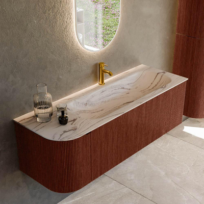 MONDIAZ KURVE-DLUX 135cm badmeubel ronding Links kleur Ruby met 1 lade en 1 deur. Wastafel BIG MEDIUM Rechts 1 kraangat Nata.