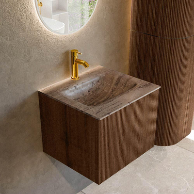 MONDIAZ KURVE-DLUX 50cm badmeubel kleur Walnut met 1 lade en 0 deuren. Wastafel GRUNNE Midden 1 kraangat Oza.