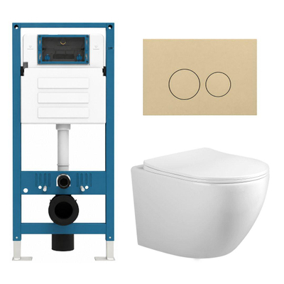 Adema Salina 2.0 Toiletset - 48.5x36x32cm - diepspoel - spoelrandloos - QeramiQ inbouwreservoir - softclose - quickrelease - toiletzitting - beige kunststof bedieningsplaat - ronde knoppen - wit