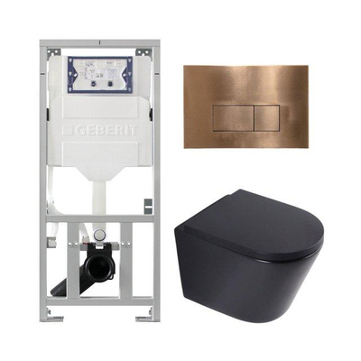 QeramiQ Dely Pack WC - 36,3x51,7cm - à fond creux - sans bride - réservoir encastré Geberit UP320 - abattant WC softclose 35 mm - plaque de commande en cuivre - boutons rectangulaires - noir mat