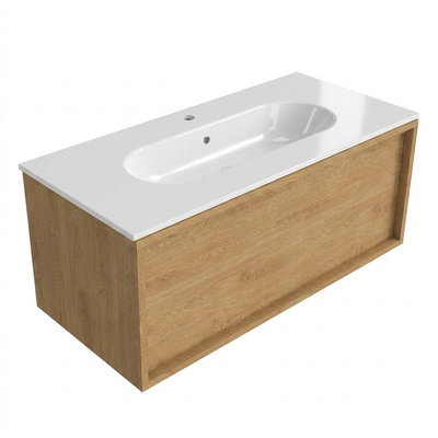 Saniclass Holz Frame Ensemble meuble de salle de bains - 100x45x53.9cm - lavabo Chaci en céramique blanc - 1 vasque - 1 trou de robinet - 1 tiroir - chêne naturel mat (bois)