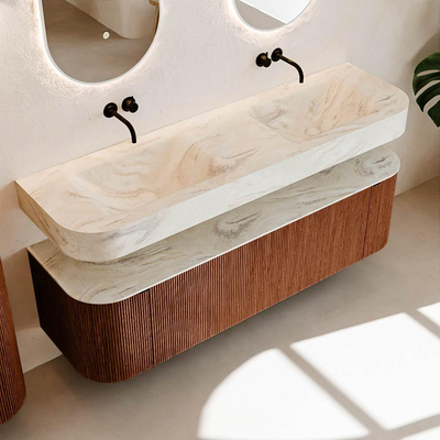 MONDIAZ THOR-DLUX 160cm meuble de salle de bains arrondi gauche + droite couleur Ruby avec 1 tiroir et 2 portes. Vasque suspendue CLOUD Double sans trou de robinet couleur Ostra.