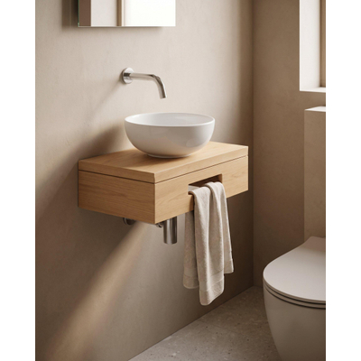 Royal Plaza Terra Planche pour lave-mains - 40x25x10cm - avec porte-serviettes - vasque à poser blanc brillant - robinet de lave-mains chrome - bonde - siphon - sandwood (chêne clair)