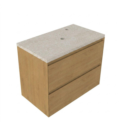 Saniclass Holz Pure Ensemble meuble de salle de bains - 80x45x63cm - Plan de toilette en pierre naturelle travertin - 1 trou de robinetterie - 2 tiroirs - chêne natural mat (bois)