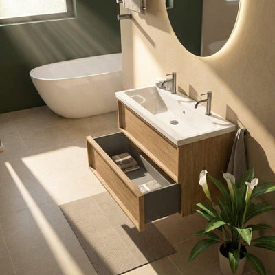 Saniclass Holz Frame Ensemble de meubles de salle de bains - 100x45x63.5cm - Lavabo Bari en céramique blanc - 1 vasque - 2 trous de robinet - 2 tiroirs - chêne natural mat (bois)