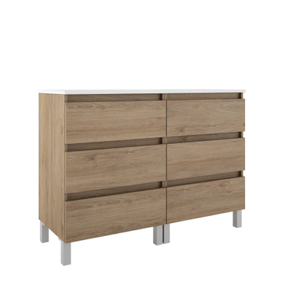 Saniclass Chaci PLUS Ensemble meuble de salle de bains - 120x86x46cm - lavabo en céramique blanc - 2 vasques ovales - 2 trous de robinetterie - 6 tiroirs - miroir rectangulaire - chêne