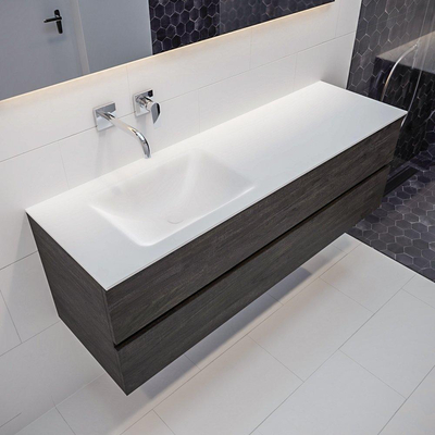 MONDIAZ VICA Ensemble de meuble salle de bain - 150cm - 2 tiroirs - lavabo Cloud gauche - 0 trous de robinet - solid surface marron foncé