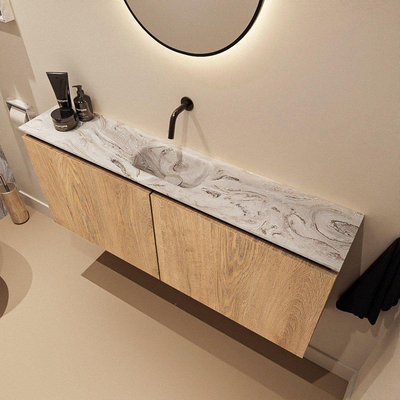MONDIAZ TURE-DLUX Meuble toilette - 120cm - Washed Oak - EDEN - vasque Glace - position centrale - sans trou de robinet