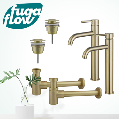 FugaFlow Eccelente Sobrado Badkamer Wastafelkraanset - voor dubbele wastafel - verhoogde wastafelkraan - klikwaste plug - verlaagde design sifon - PVD Geborsteld Messing
