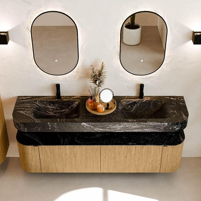 MONDIAZ THOR-DLUX 180cm badmeubel ronding links + rechts kleur Oak met 2 lades en 2 deuren. Vrijhangende wastafel CLOUD Dubbel 2 kraangaten kleur Lava.