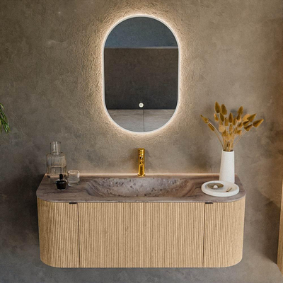 MONDIAZ KURVE-DLUX 120cm badmeubel ronding Links + Rechts kleur Oak met 1 lade en 2 deuren. Wastafel BIG SMALL Midden 1 kraangat Oza.