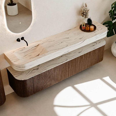 MONDIAZ THOR-DLUX 200cm meuble de salle de bains arrondi gauche + droite couleur Walnut avec 2 tiroirs et 2 portes. Vasque suspendue CLOUD gauche sans trou de robinet couleur Nata.