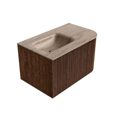 MONDIAZ KURVE-DLUX meuble de salle de bains 75cm arrondi droit couleur noyer avec 1 tiroir et 1 porte. Lavabo GRUNNE gauche 1 trou de robinet Saba.