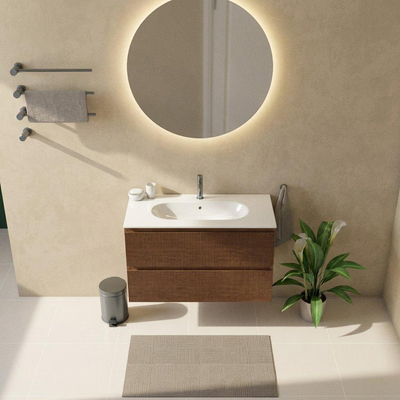 Saniclass Holz Atelier Ensemble meuble de salle de bains - 100x45x73.9cm - lavabo en céramique Chaci blanc - 1 vasque - 1 trou de robinet - 2 tiroirs - noyer pure mat (bois)