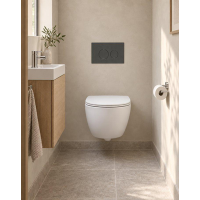 QeramiQ Dely Swirl Compact Toiletset - inbouwreservoir Geberit UP320 - met Burda frame - slim zitting - natuurstenen bedieningsplaat marmer donker - ronde knoppen - mat wit