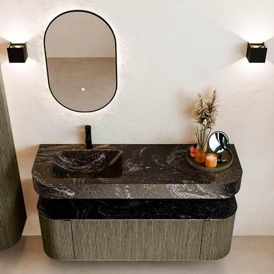 MONDIAZ THOR-DLUX 140cm meuble de salle de bains arrondi gauche + droite couleur Shadow avec 1 tiroir et 2 portes. Vasque suspendue CLOUD Gauche 1 trou de robinet couleur Lava.