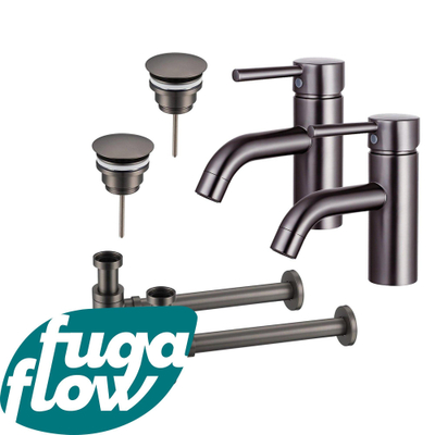 FugaFlow Eccelente Sobrado Badkamer Wastafelkraanset - voor dubbele wastafel - lage wastafelkraan - always open plug - verlaagde design sifon - PVD Gepolijst Gunmetal