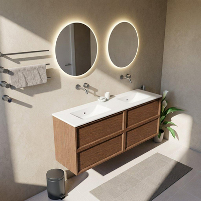 Saniclass Holz Frame Ensemble de meubles de salle de bains - 160x45x62cm - lavabo Vygo en céramique blanc - 2 vasques - sans trous de robinetterie - 4 tiroirs - noyer pure mat (bois)