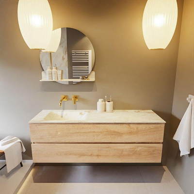 Mondiaz VICA-DLUX ensemble de meuble de salle de bain - 150cm - meuble sous-vasque chêne blanchi - 2 tiroirs - lavabo encastré cloud gauche - sans trous de robinet - version haute de 60cm - frape