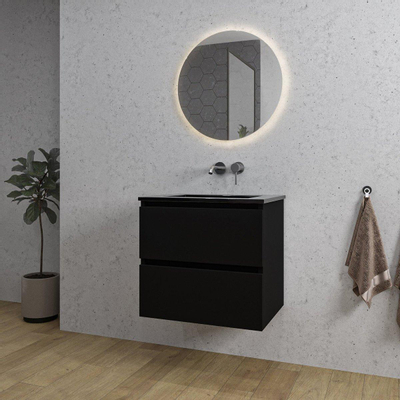 Saniclass Chaci Meuble de salle de bain - 60x46x55cm - lavabo en céramique noir - 1 vasque - sans trou de robinet - 2 tiroirs - ronde miroir avec éclairage - noir mat
