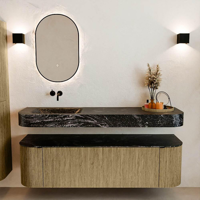 MONDIAZ THOR-DLUX 160cm meuble de salle de bains arrondi gauche + droite couleur Dusk avec 1 tiroir et 2 portes. Vasque suspendue CLOUD gauche sans trou de robinet couleur Lava.