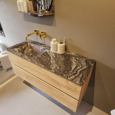 Mondiaz VICA-DLUX ensemble de meuble de salle de bain - 120cm - meuble sous-vasque chêne blanchi - 2 tiroirs - lavabo encastré cloud gauche - sans trous de robinet - miroir modèle spot - version XL 60cm de haut - lave